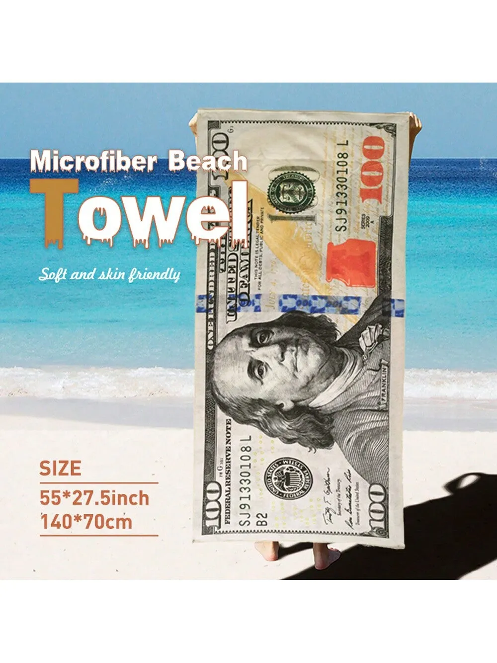 1pc Microfiber Beach Towel With Dollar Design, Quick-Drying, Soft & Portable, Suitable For Swimming, Beach, Surfing, Bathroom, Etc.