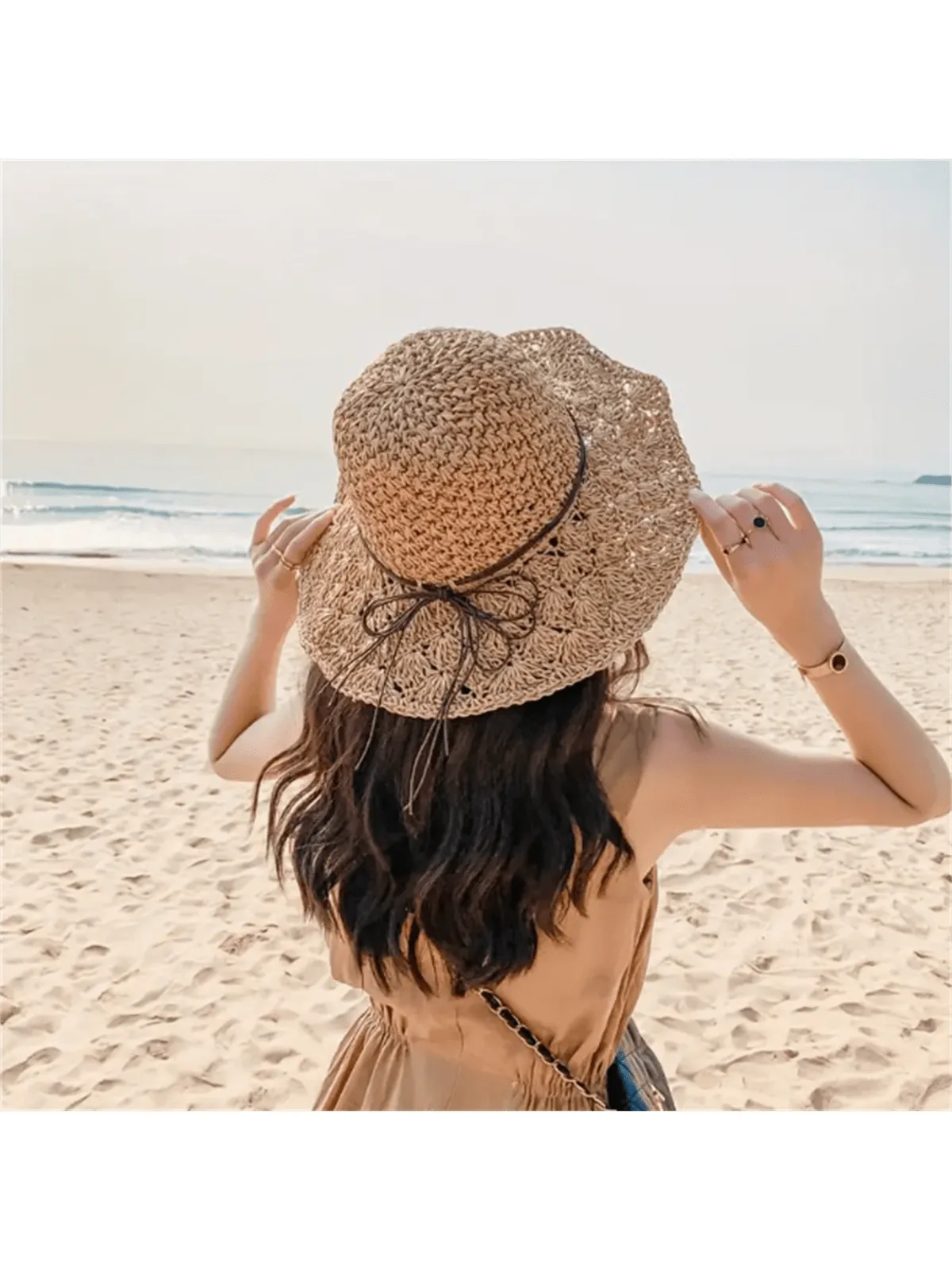 1pc Women's Summer Fashionable Handmade Straw Hat, Foldable And Adjustable, Perfect For Outdoor Activities Like Beach Trip And Daily Wear, Also A Great Gift Choice.