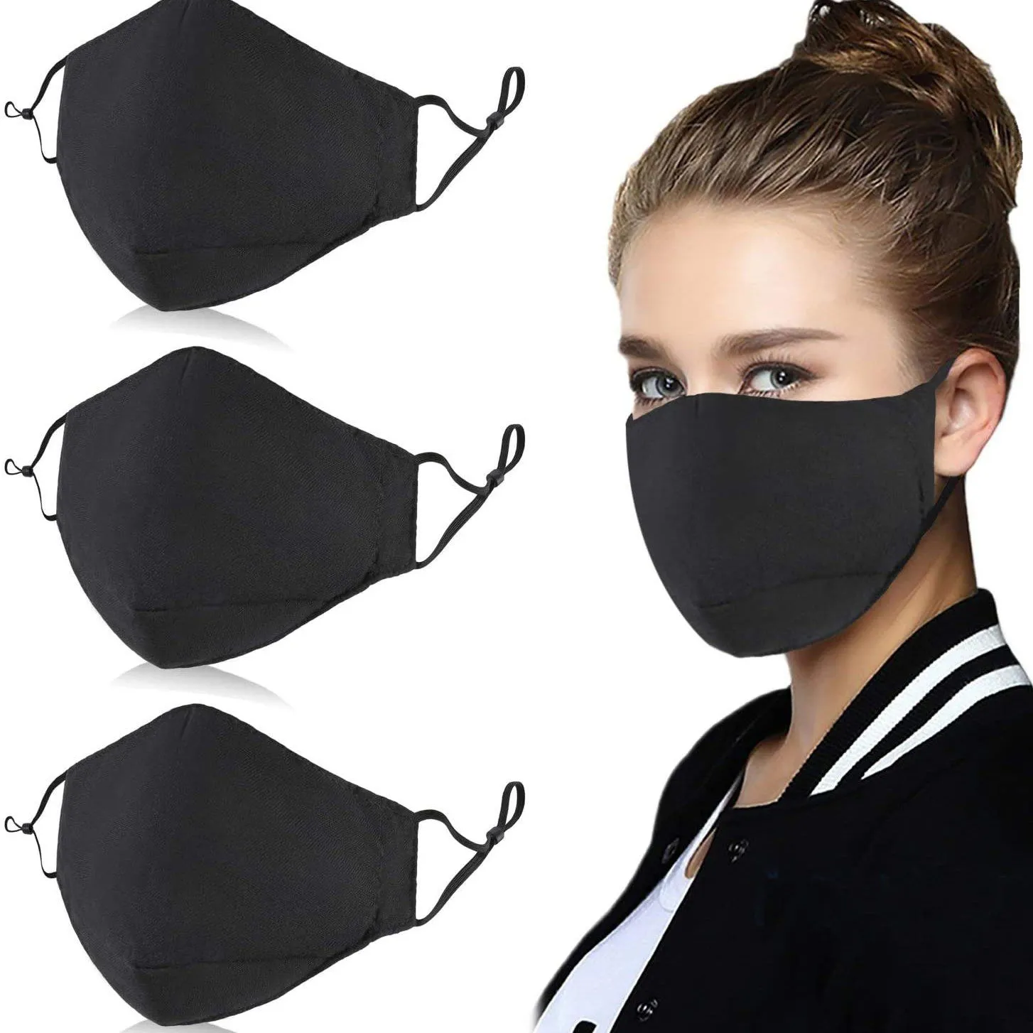 3-Pack: Cotton Reusable Washable Adjustable Face Masks with Filter Pocket