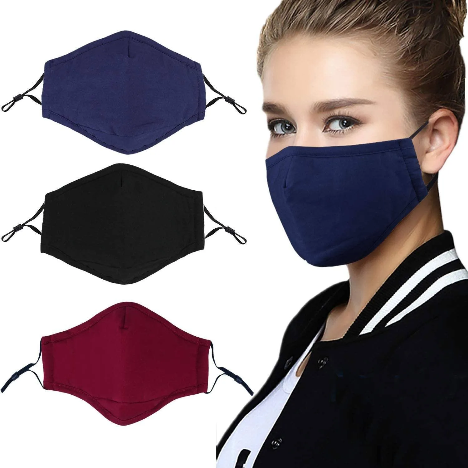 3-Pack: Cotton Reusable Washable Adjustable Face Masks with Filter Pocket