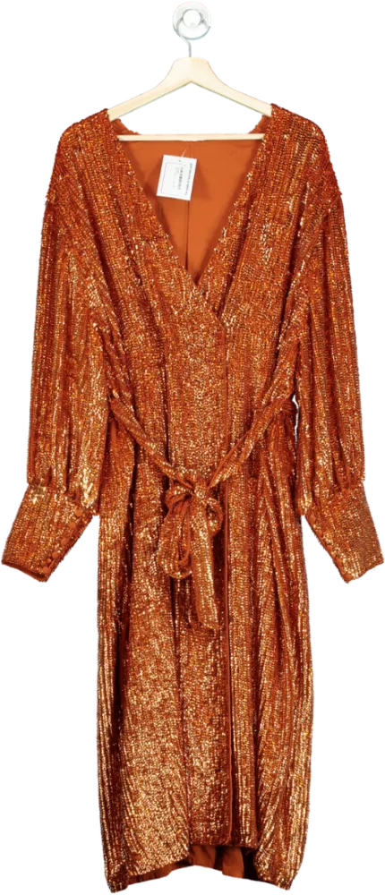 ASOS EDITIONS RUST Sequin Long-Sleeve Wrap Dress UK 18