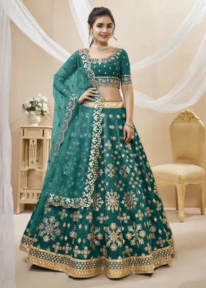 Beatific Teal Green Art Silk Embroidered Reception Wear Lehenga Choli