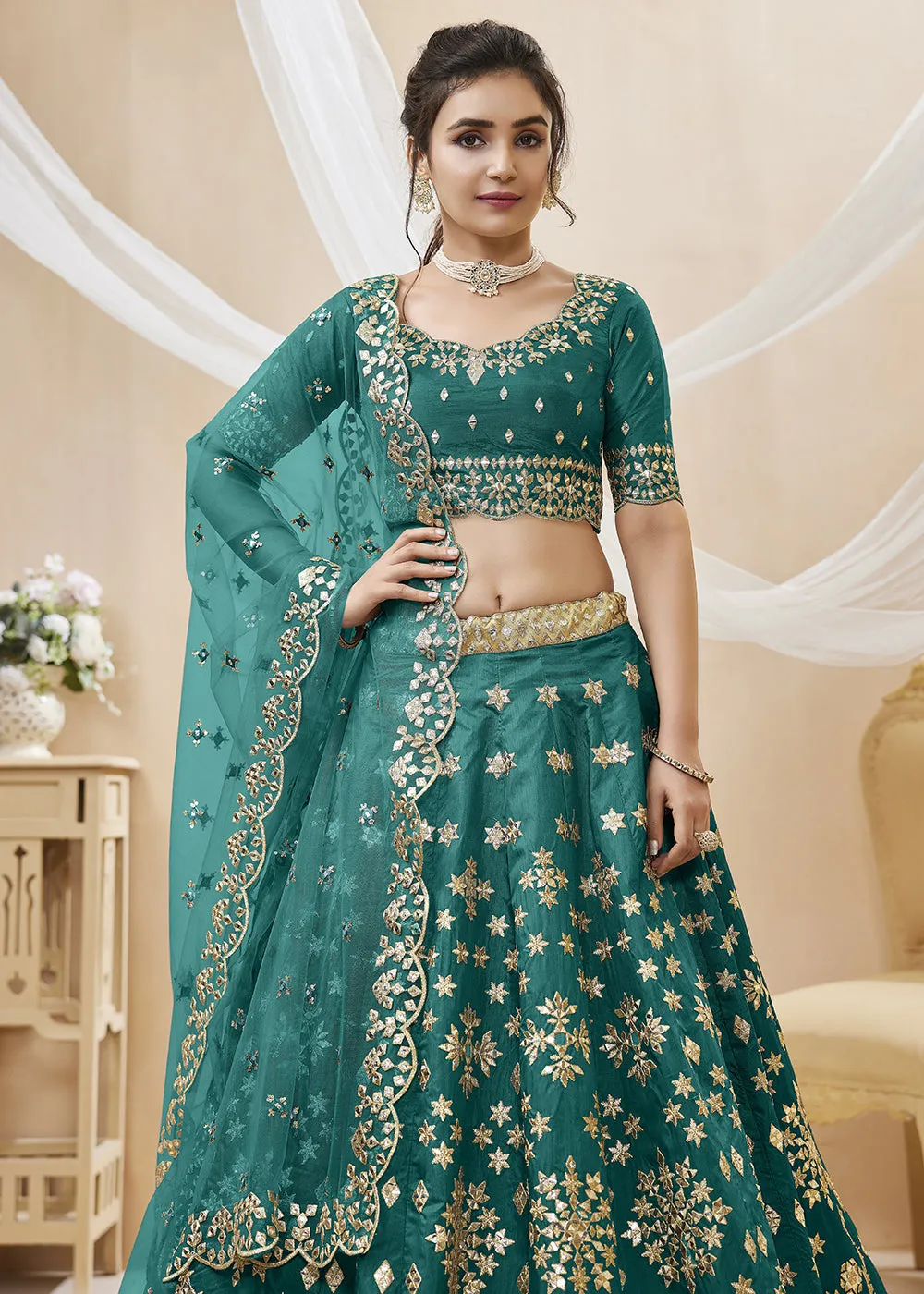 Beatific Teal Green Art Silk Embroidered Reception Wear Lehenga Choli