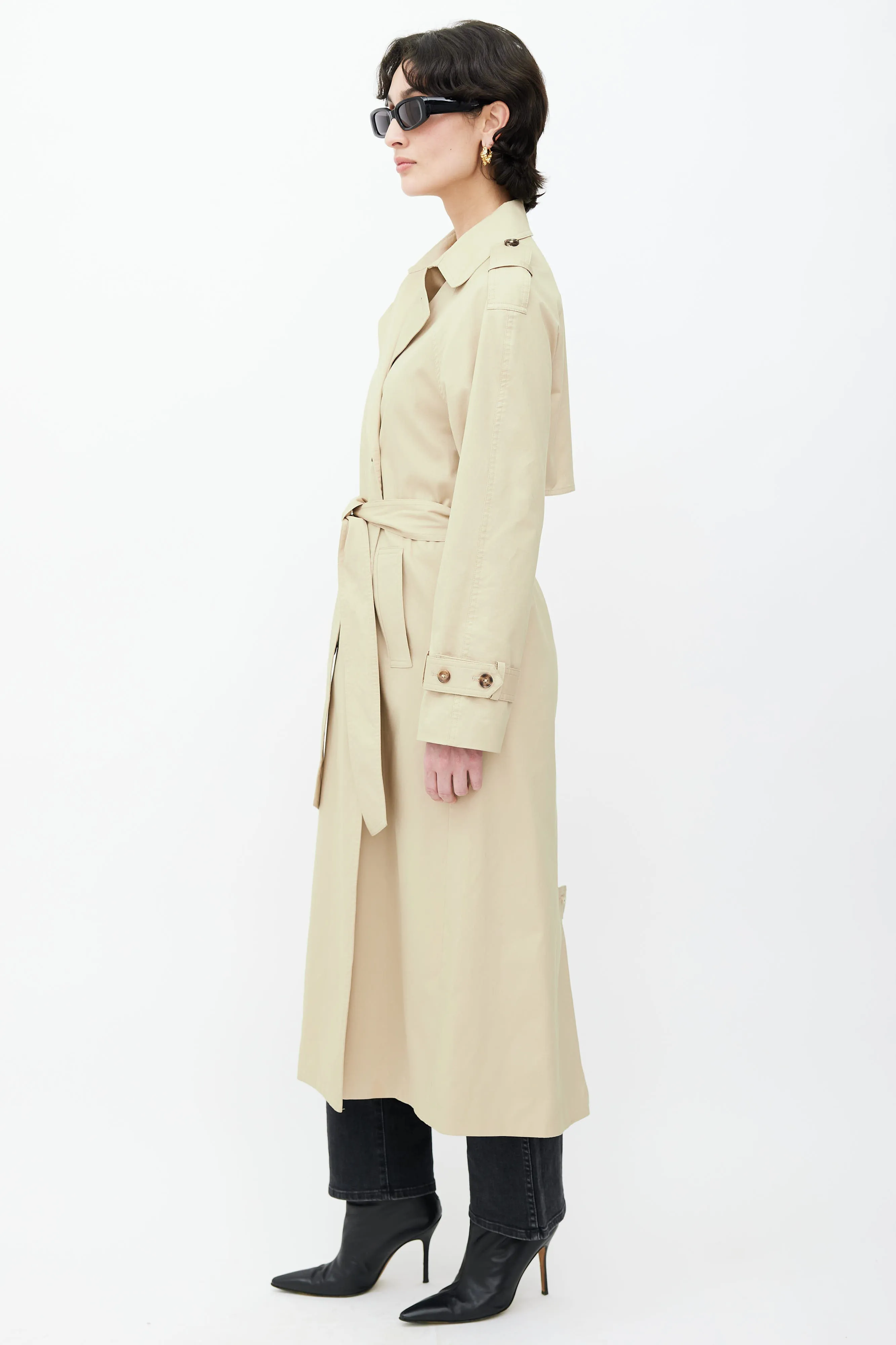 Beige Double Breasted Belted Coat