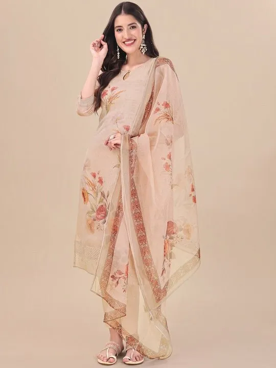 Beige Floral Printed Keyhole Neck Kurta & Trousers With Dupatta