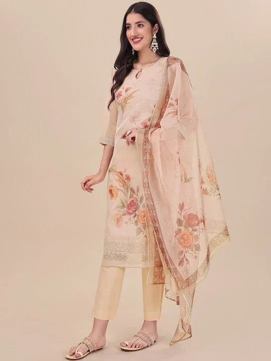 Beige Floral Printed Keyhole Neck Kurta & Trousers With Dupatta