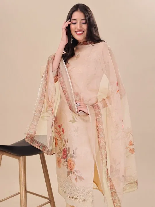 Beige Floral Printed Keyhole Neck Kurta & Trousers With Dupatta