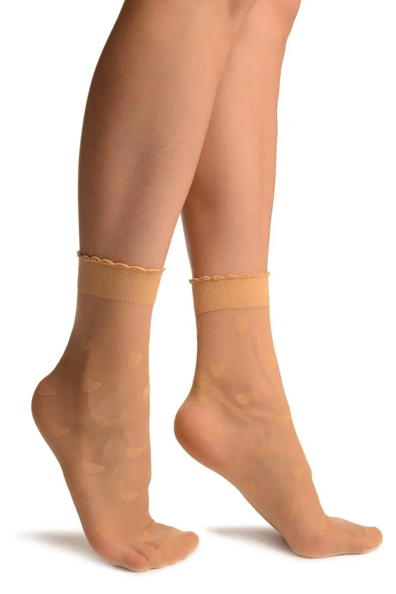 Beige With Hearts Ankle High Socks