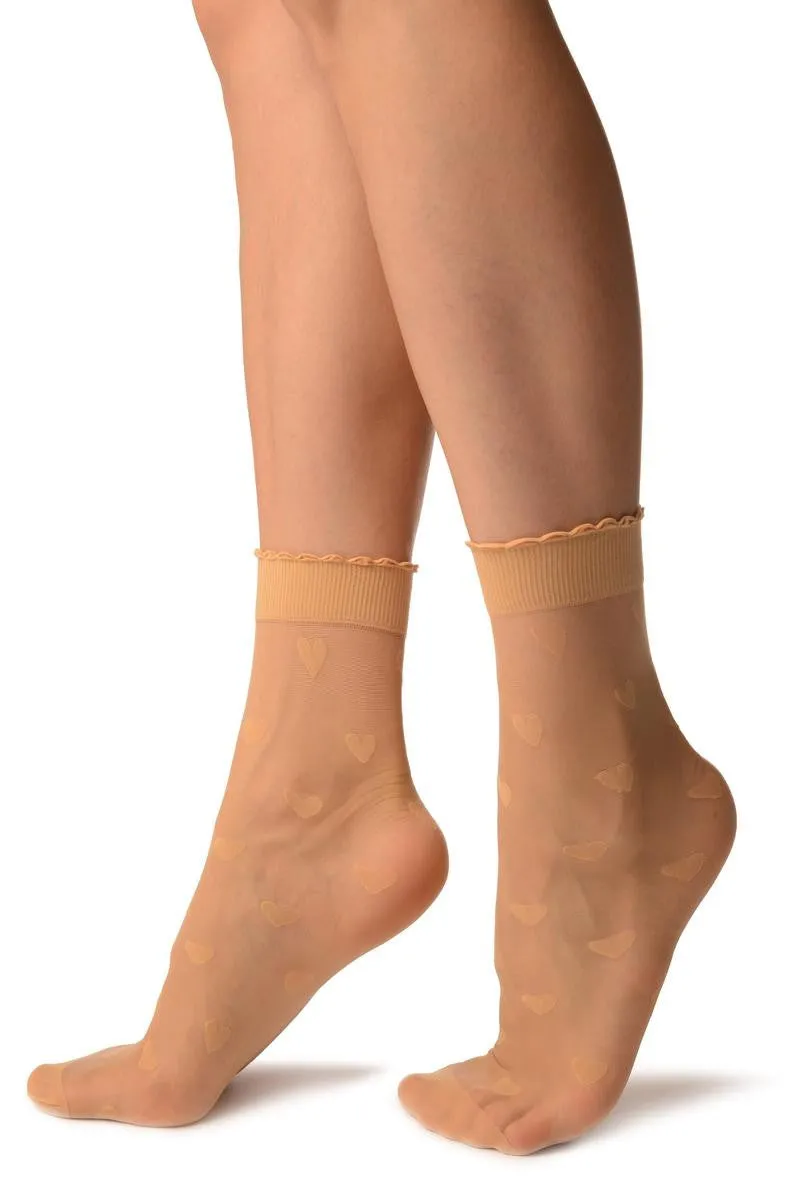 Beige With Hearts Ankle High Socks