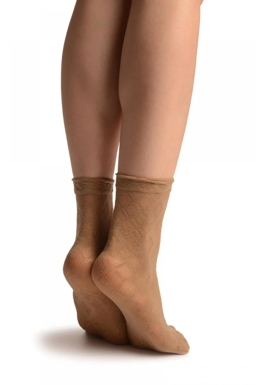 Beige With Transparent Diamonds Ankle High Socks