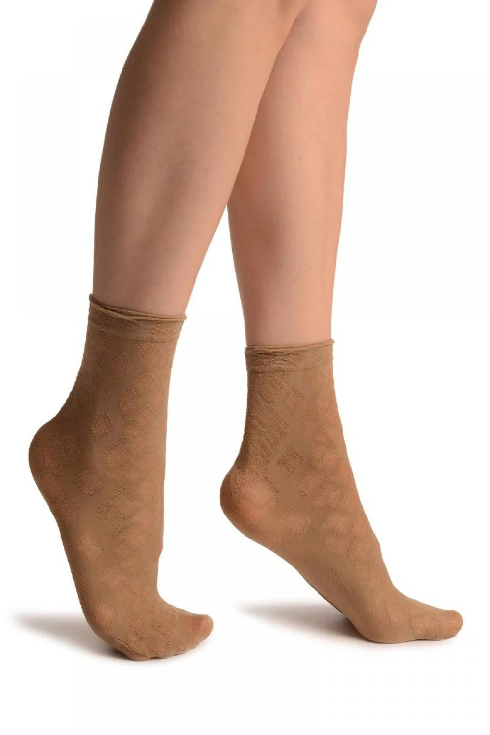 Beige With Transparent Diamonds Ankle High Socks