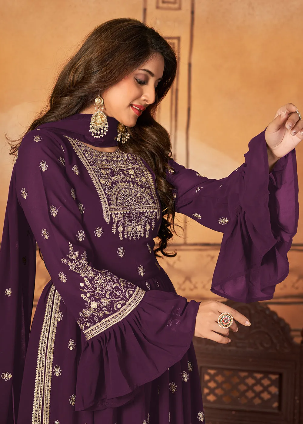 Bell Sleeved Fascinating Purple Wedding Function Palazzo Suit