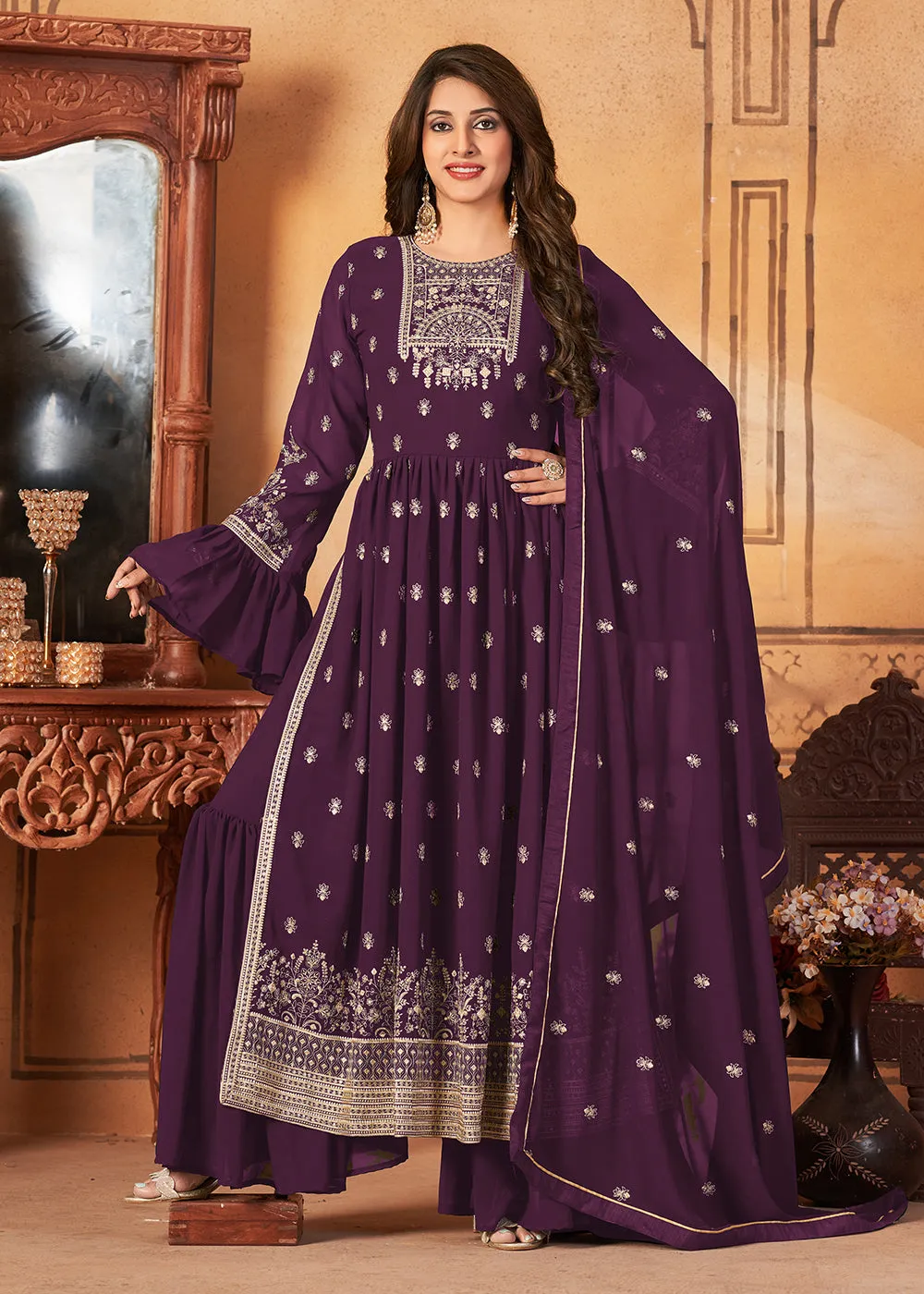 Bell Sleeved Fascinating Purple Wedding Function Palazzo Suit