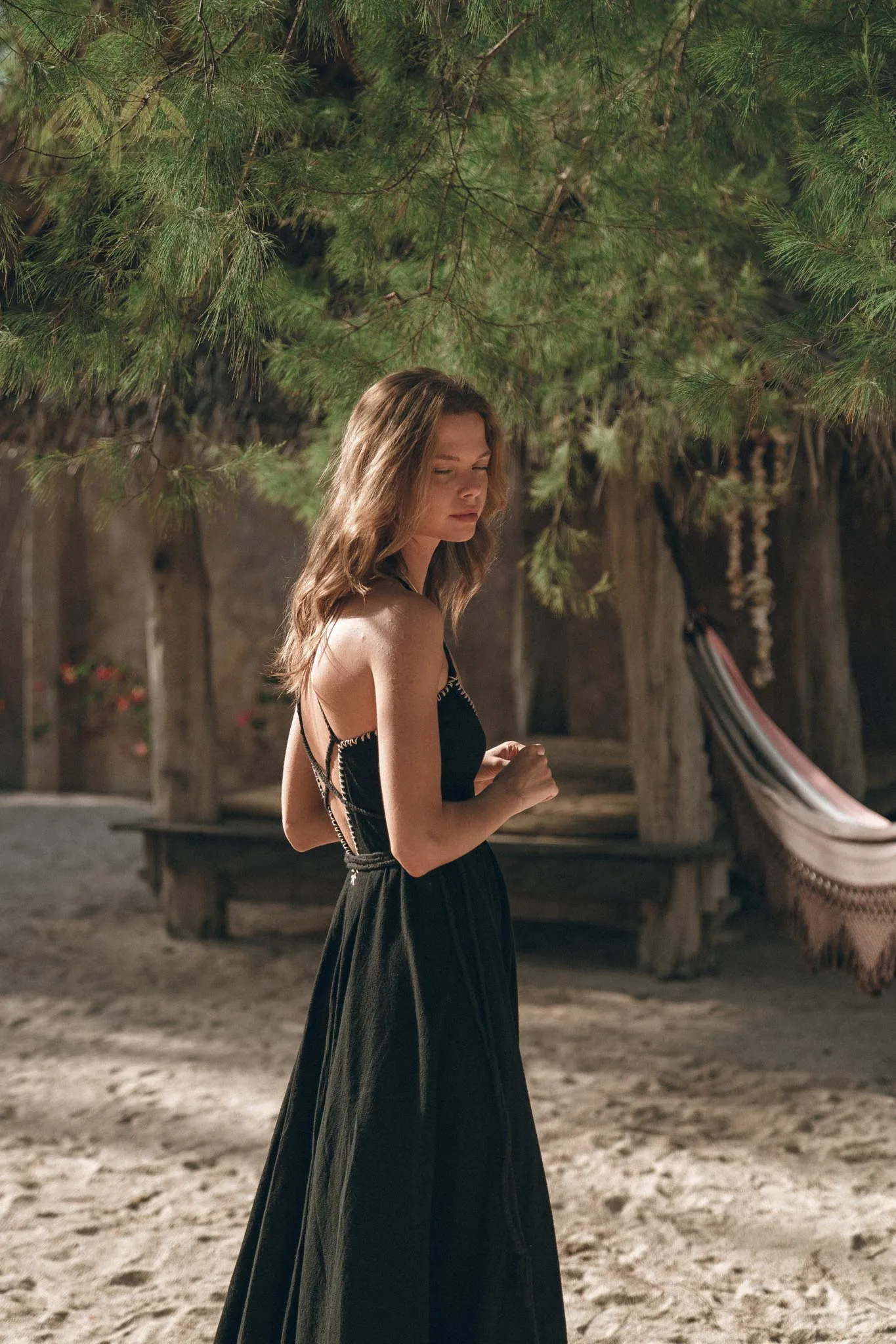 Black Cotton Slip Dress with Hand Embroidery