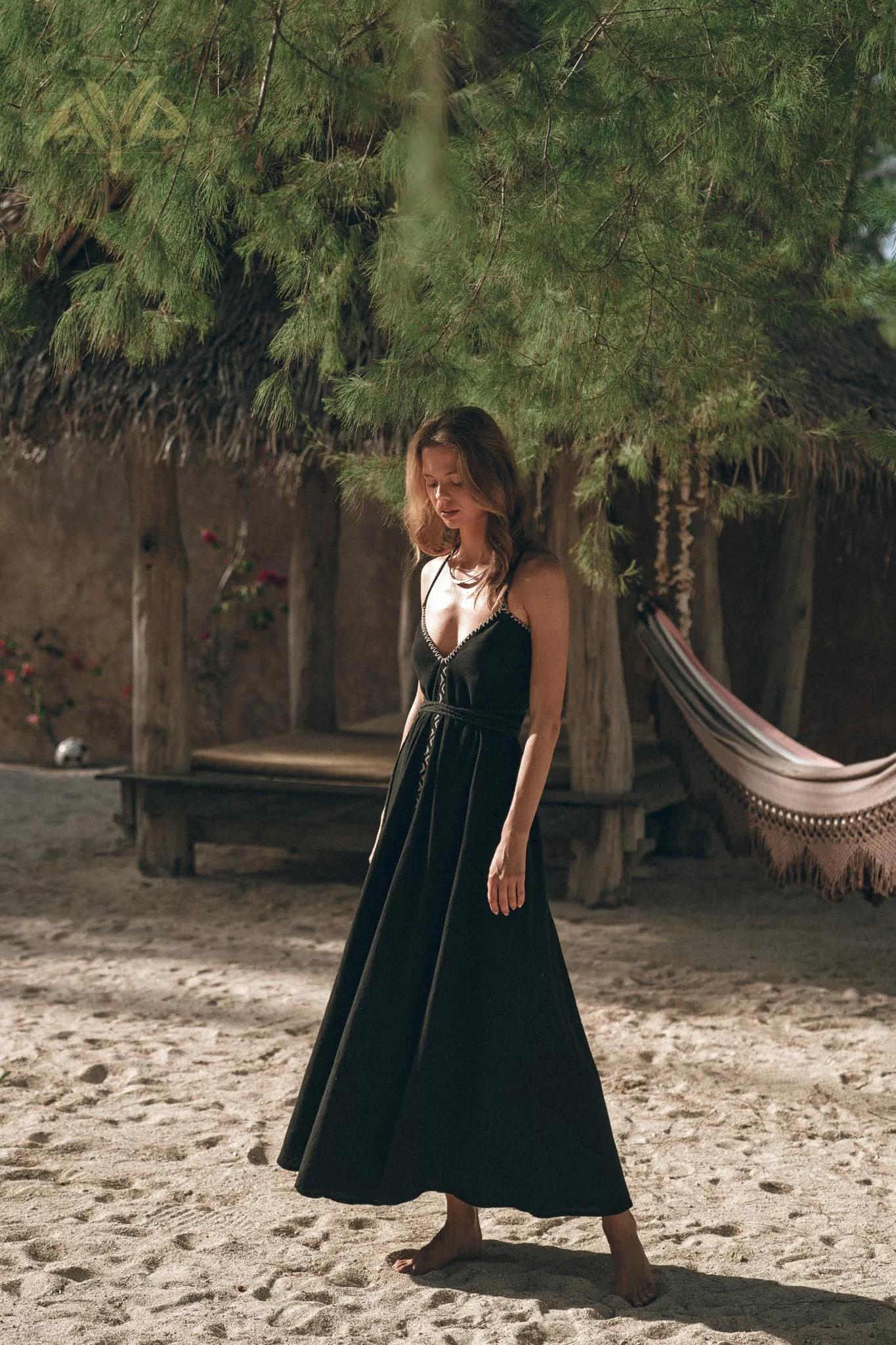 Black Cotton Slip Dress with Hand Embroidery