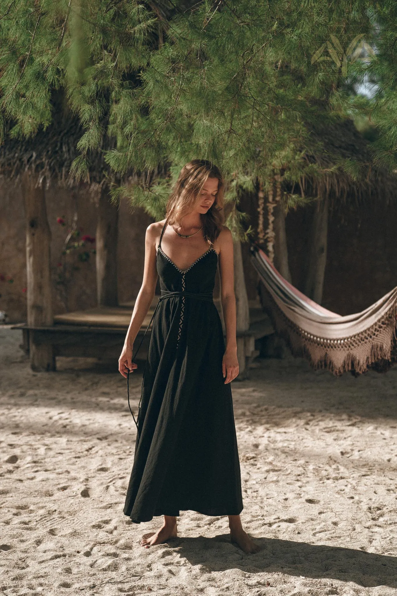 Black Cotton Slip Dress with Hand Embroidery