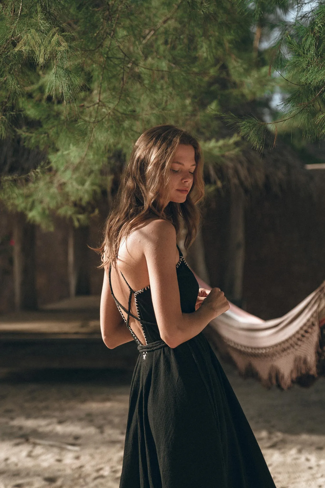 Black Cotton Slip Dress with Hand Embroidery