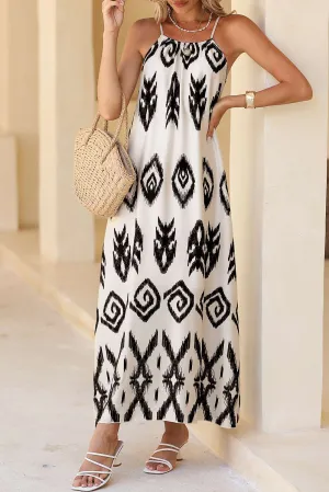 Black Geometric Printed Spaghetti Strap Vacation Sundress