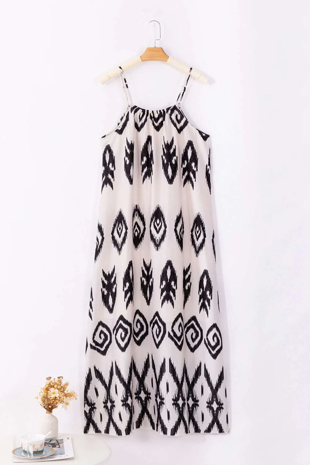 Black Geometric Printed Spaghetti Strap Vacation Sundress