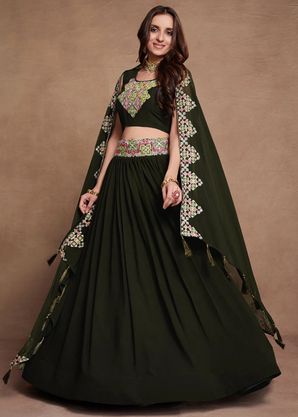 Blooming Georgette Green Embroidered Festive Lehenga Choli