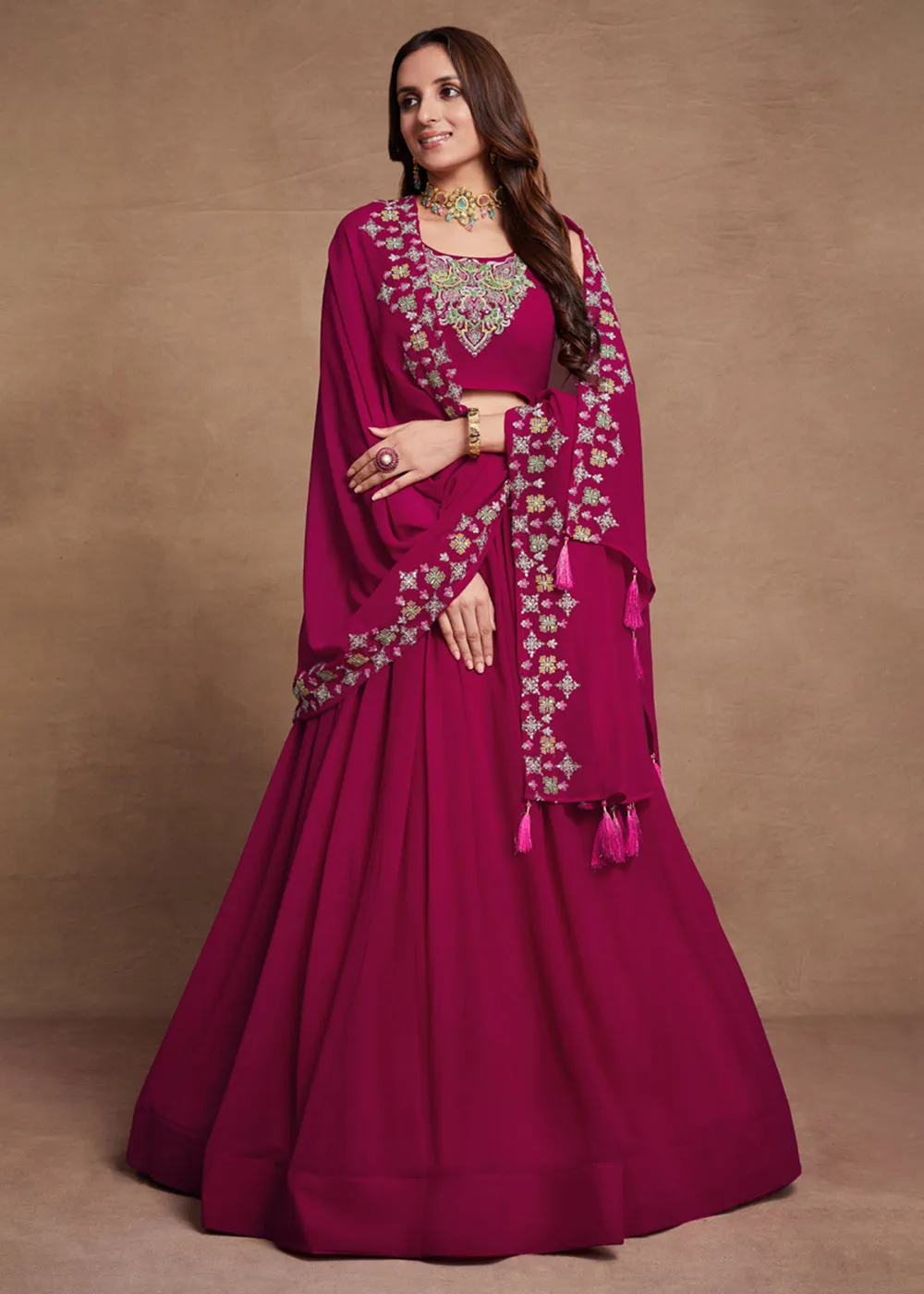 Blooming Georgette Pink Embroidered Festive Lehenga Choli