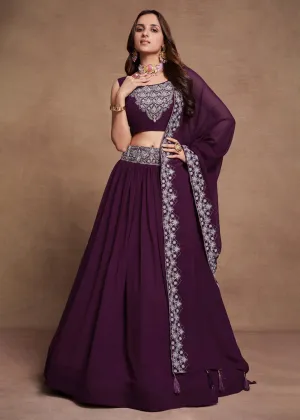 Blooming Georgette Purple Embroidered Festive Lehenga Choli