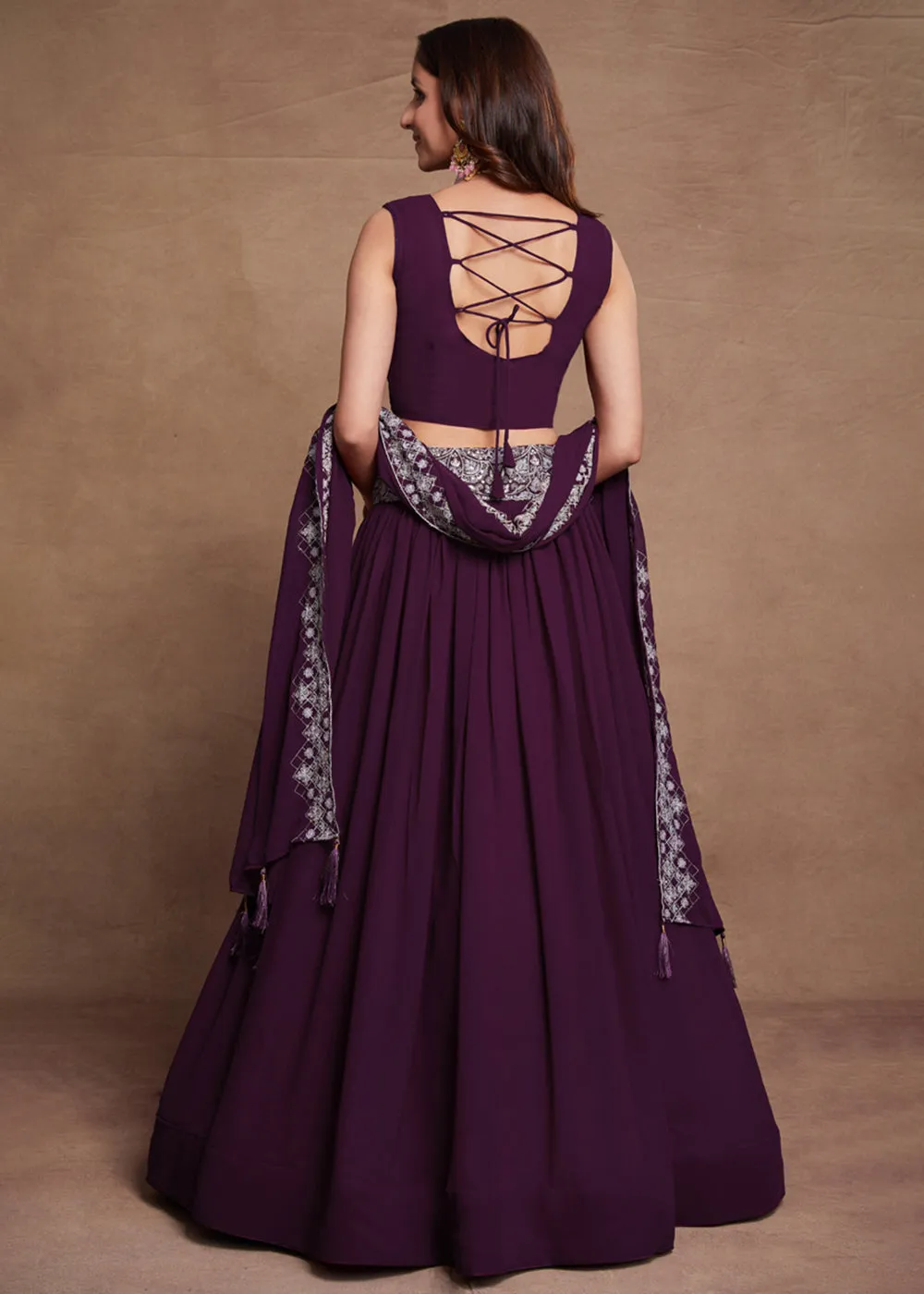 Blooming Georgette Purple Embroidered Festive Lehenga Choli