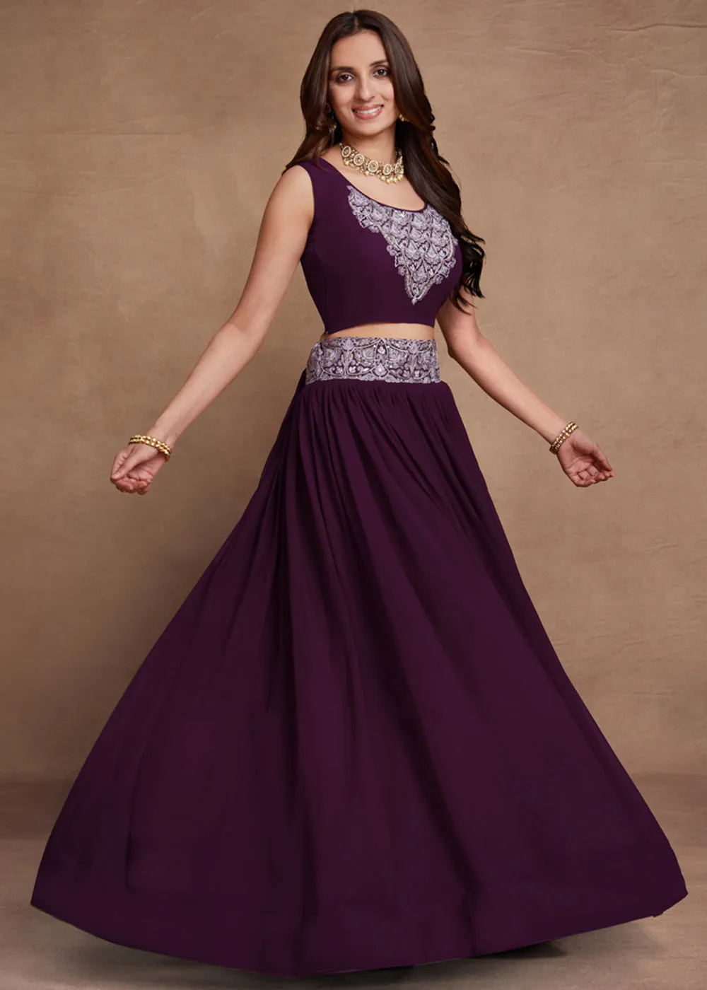 Blooming Georgette Purple Embroidered Festive Lehenga Choli