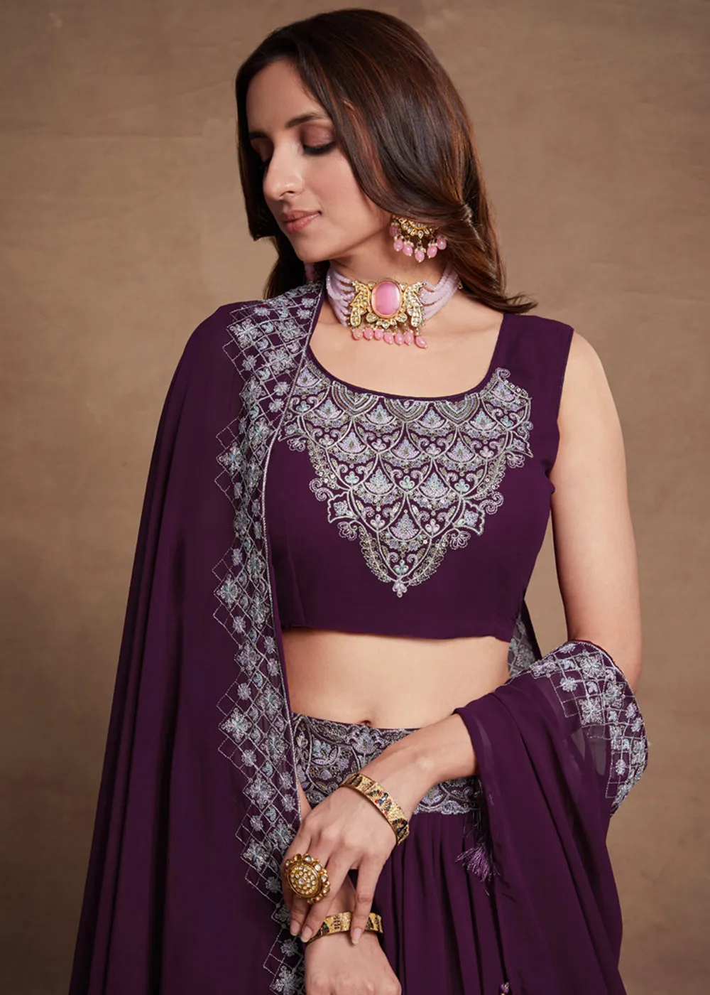 Blooming Georgette Purple Embroidered Festive Lehenga Choli