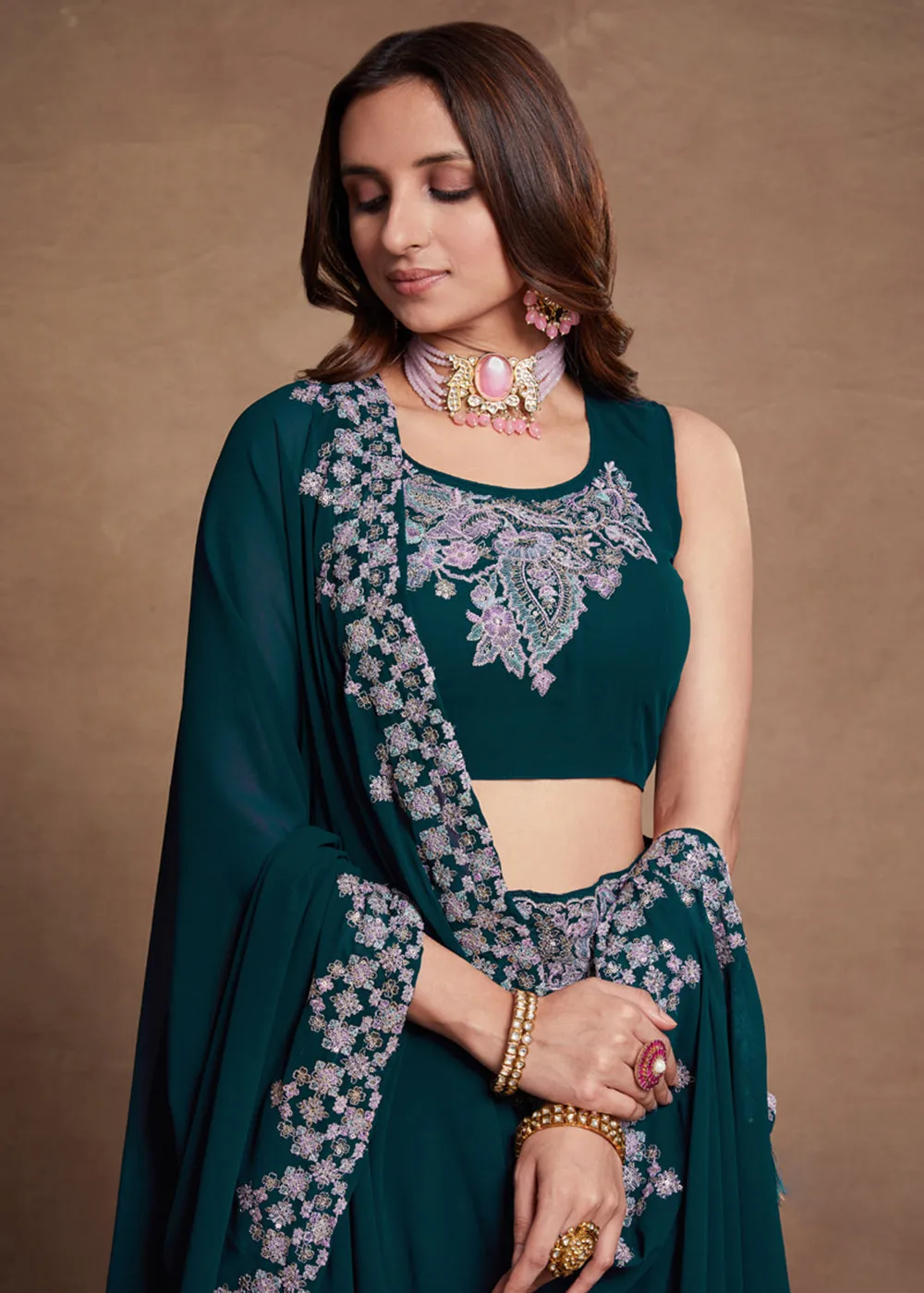 Blooming Georgette Teal Blue Embroidered Festive Lehenga Choli