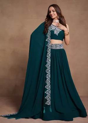 Blooming Georgette Teal Blue Embroidered Festive Lehenga Choli