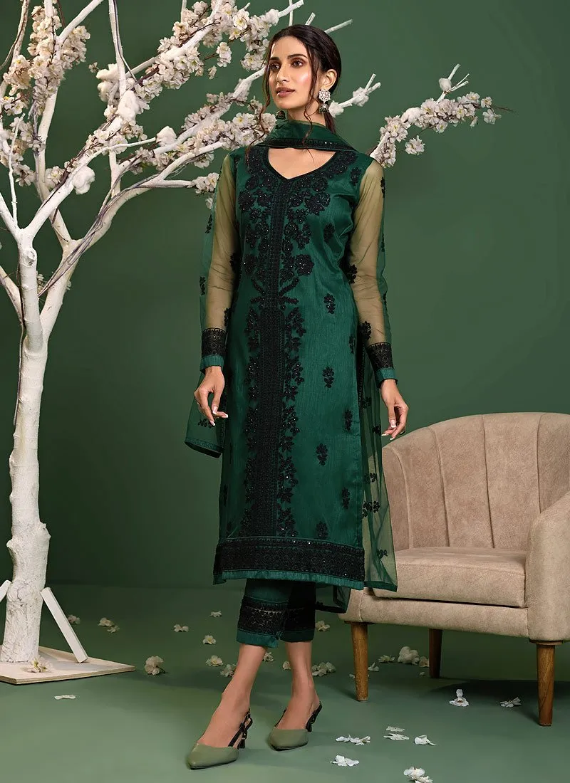 Bottle Green Straight Cut Pakistani Style Pant Suit