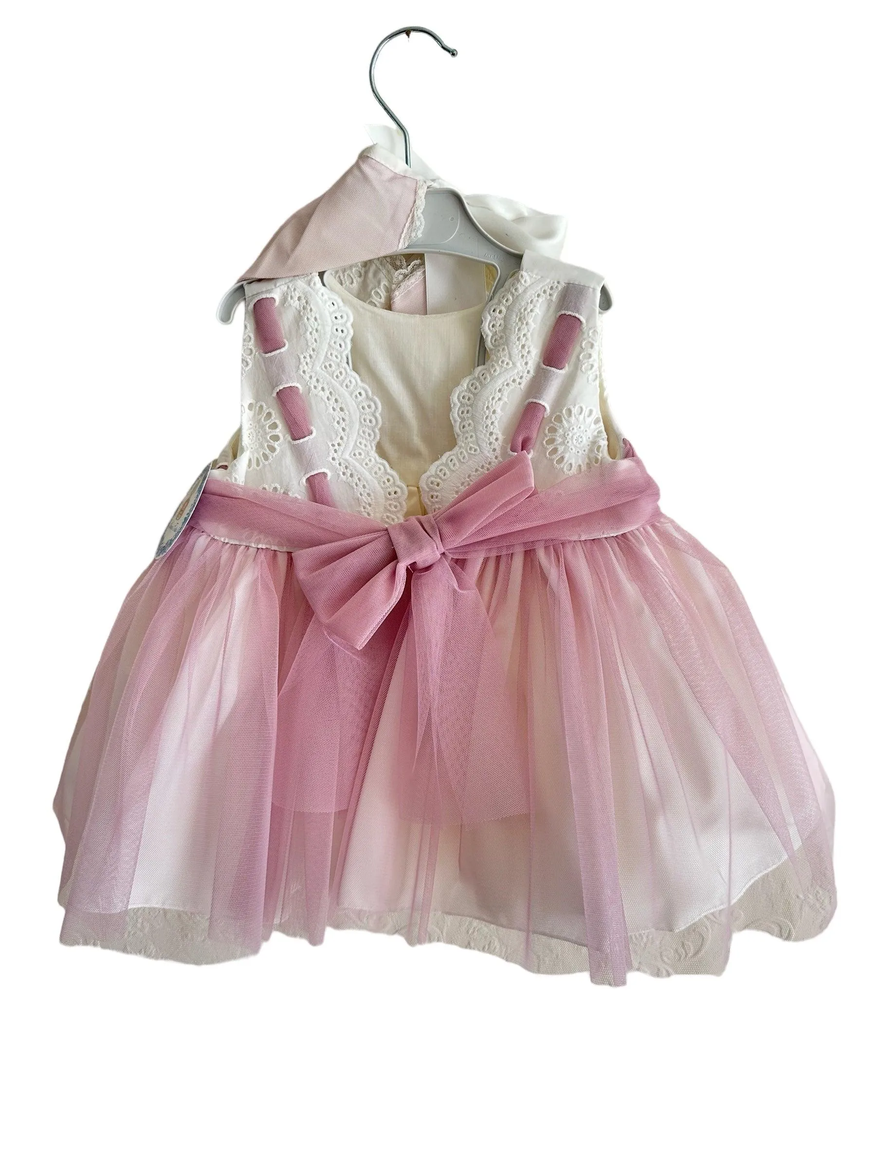 CLEARANCE SALE - Abuela Tata SS24 - Baby Girls Ivory & Dusky Pink Dress, Knickers & Bonnet 360