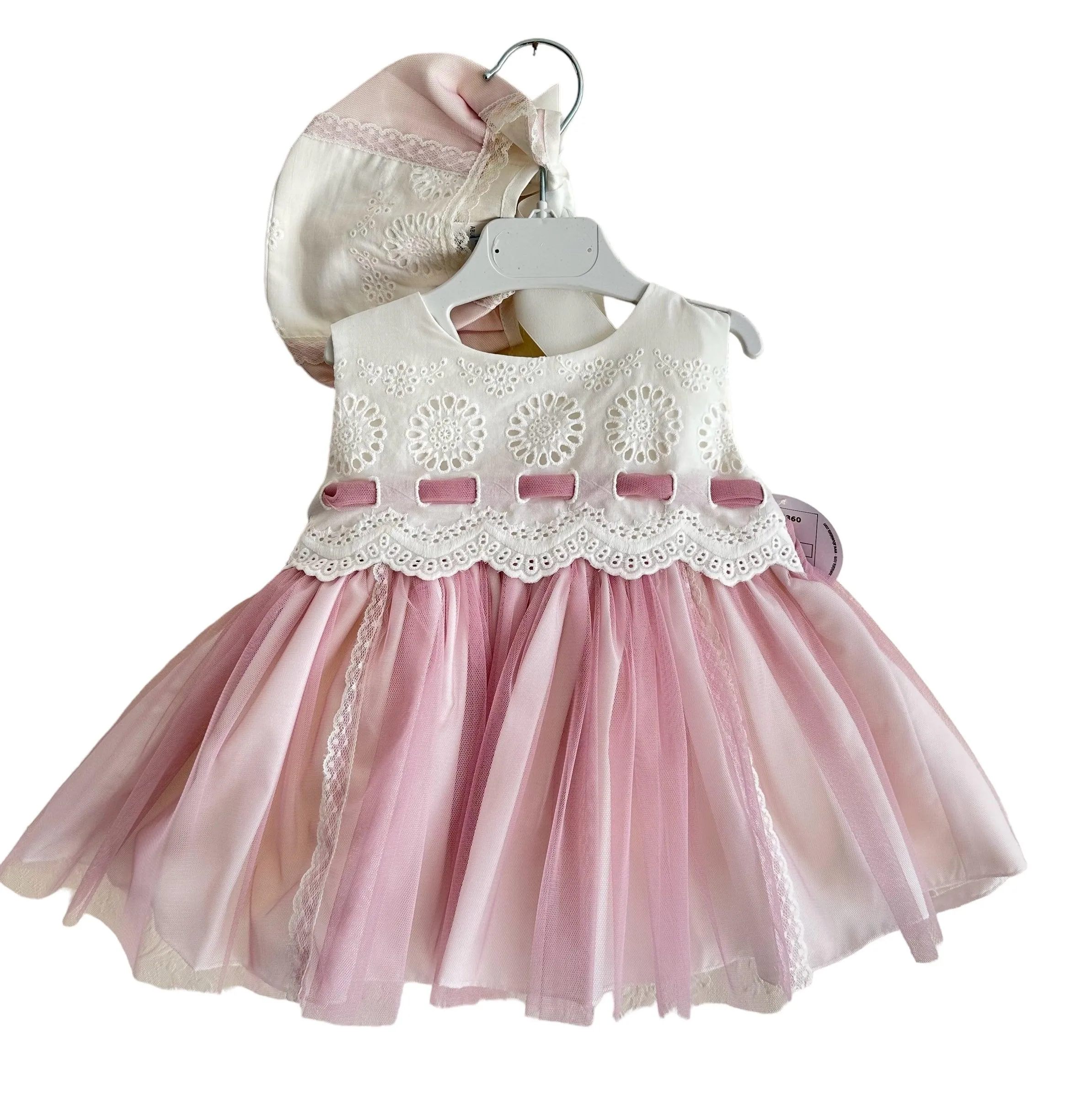 CLEARANCE SALE - Abuela Tata SS24 - Baby Girls Ivory & Dusky Pink Dress, Knickers & Bonnet 360