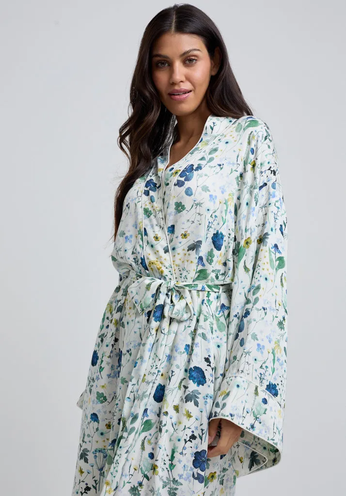 Corina Kimono Style Pressed Floral Print Robe In Blue