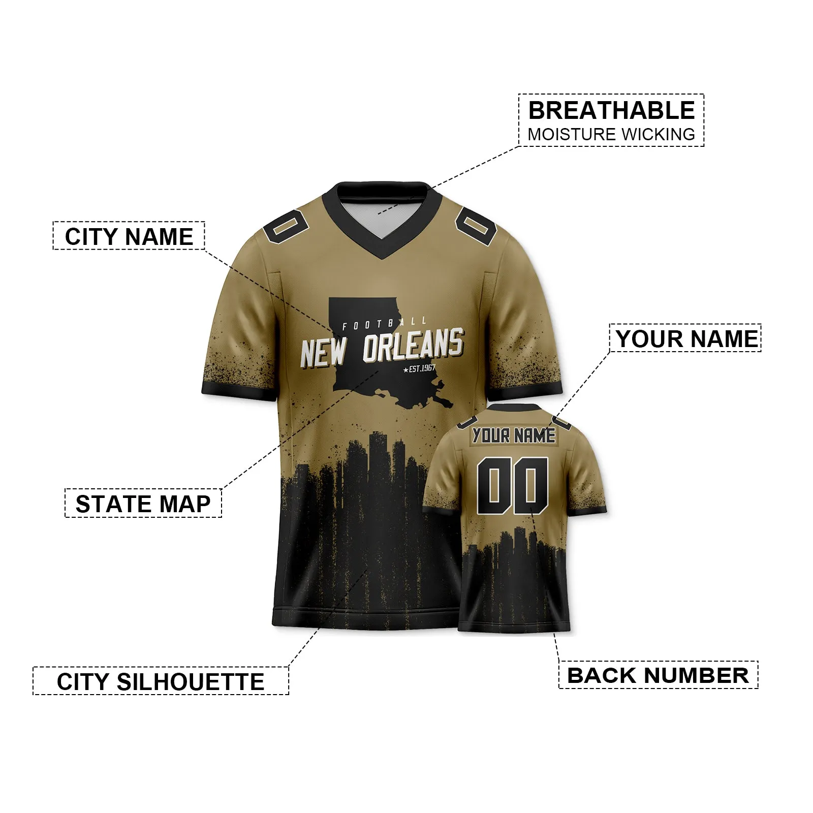 Custom Football Jersey New Orleans Saints City Map Graffiti Shirt Unisex Personalized Name and Number for Men Women Youth Football Fans Gift