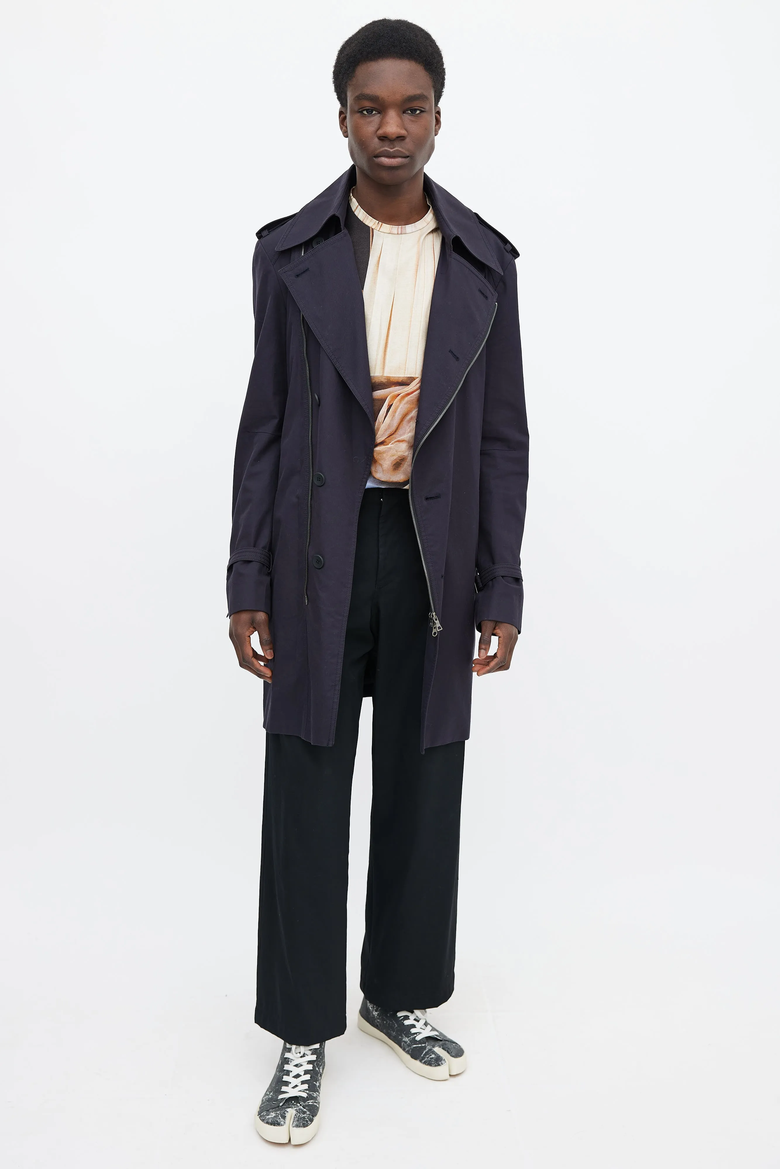 Dark Navy Cotton Waist Belt Asymmetrical Trench Coat