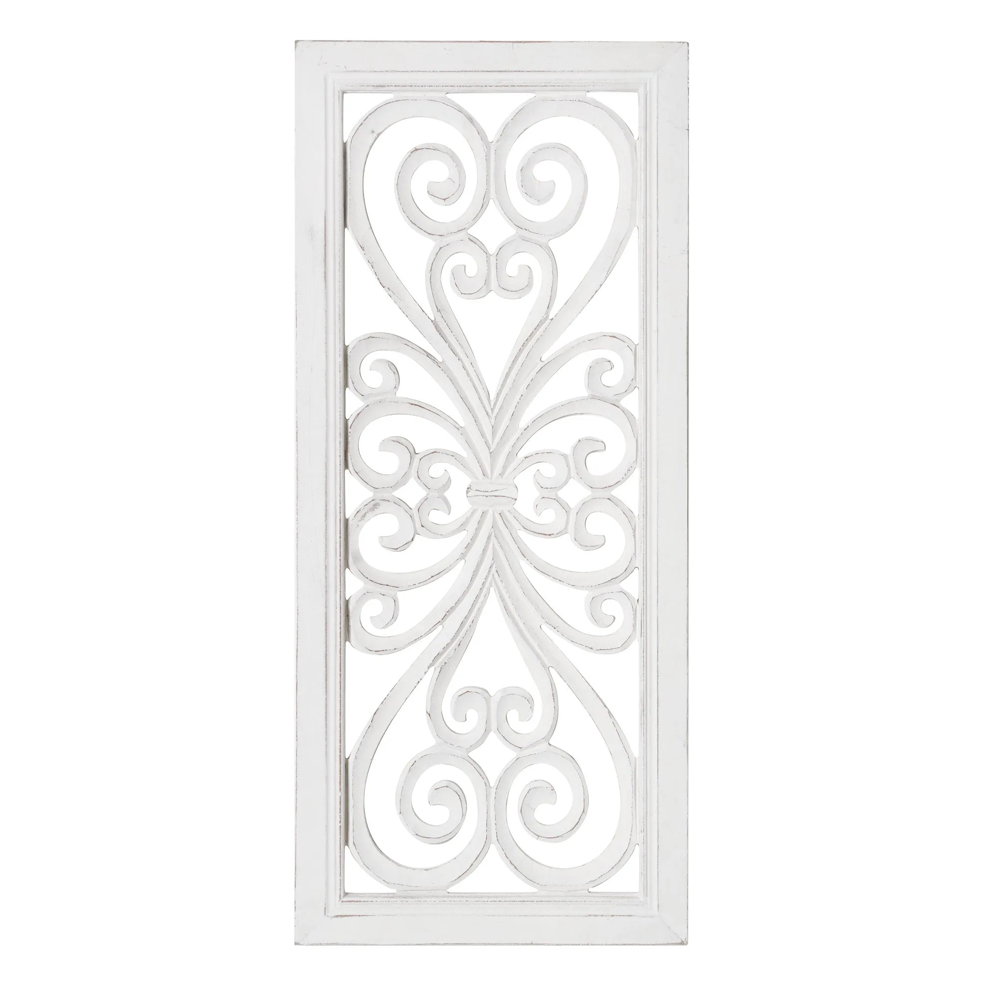 Distressed Hand-Carved White Wood Wall Accent Medallion Panel - 16x36