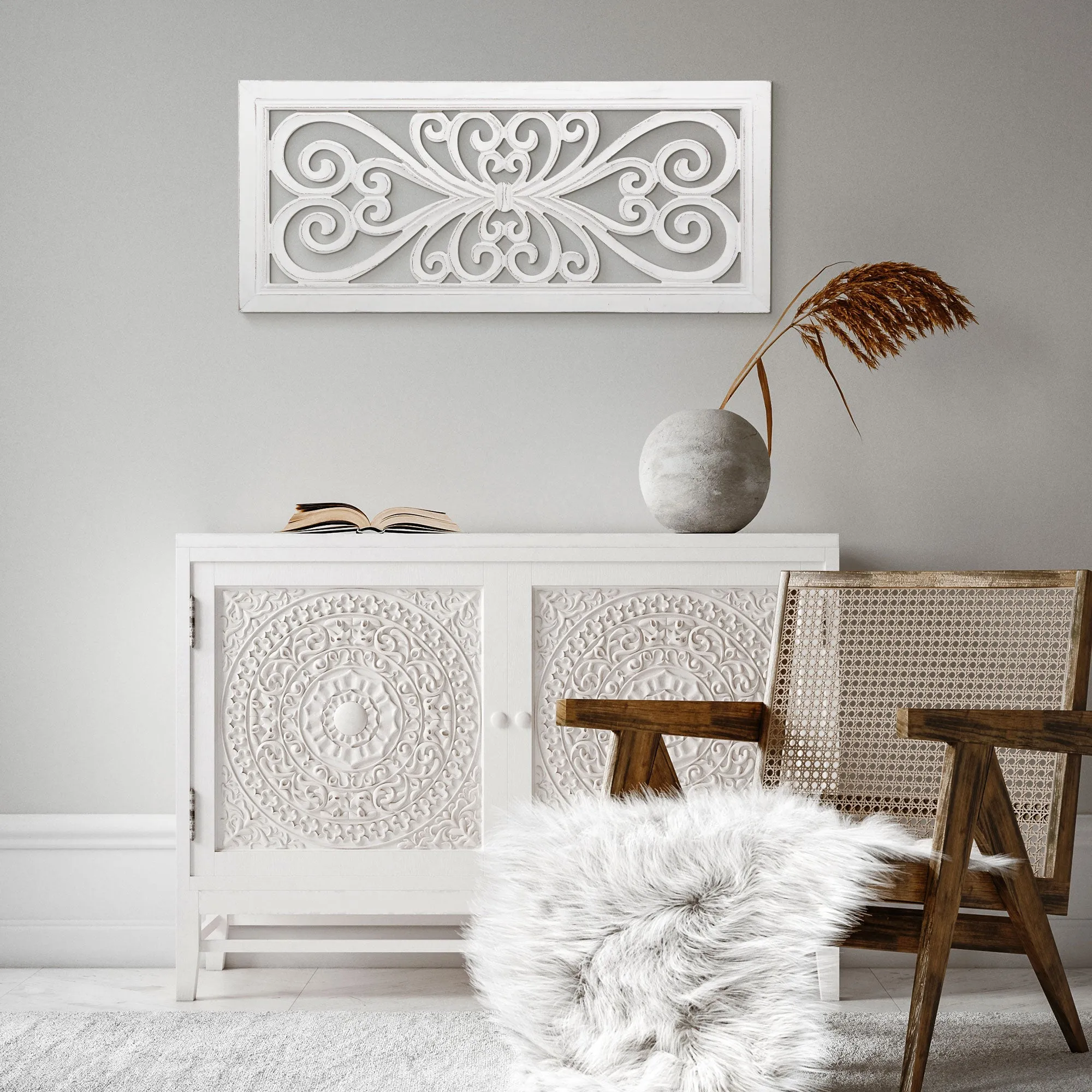 Distressed Hand-Carved White Wood Wall Accent Medallion Panel - 16x36