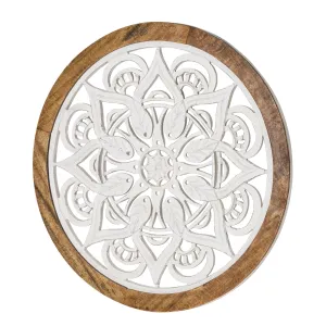 Distressed Wood Framed Round White Floral Wall Accent Medallion - 24"