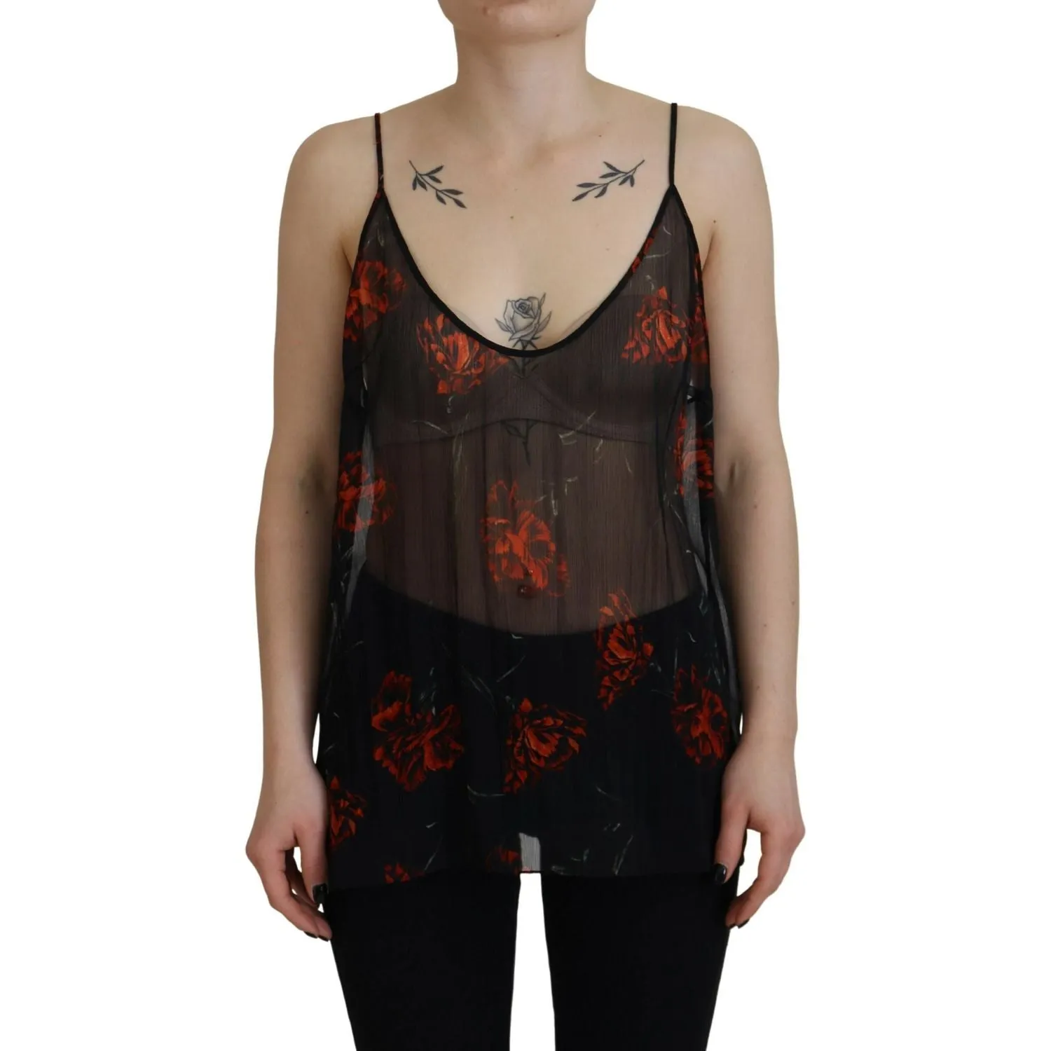 Dsquared² Black Floral Print Spaghetti Strap Tank Blouse Top