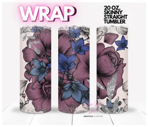 Engraved Flowers and Silver - Digital tumbler wrap for 20 oz skinny straight tumbler