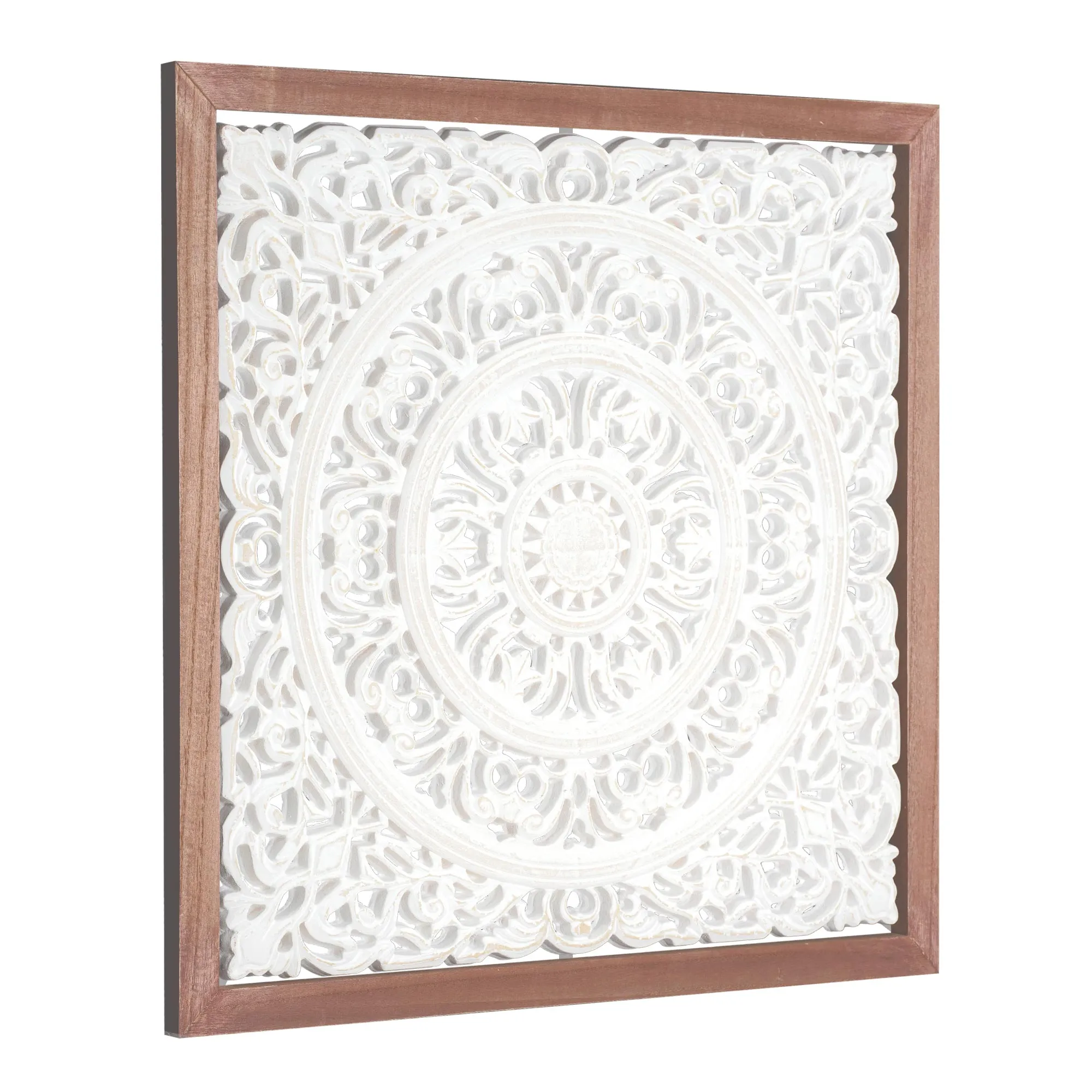 Floral Mandala White Square Framed Medallion Boho Wall Art, 24.5"x24.5"