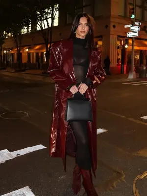 Flytonn-Christmas Thanksgiving Gift New Year's Eve Casual Outfits Wine Red Retro Woman Full Sleeves Long Leather Coat Fashion Solid Color With Belt Overcoat 2024 Autumn High Street Outerwear