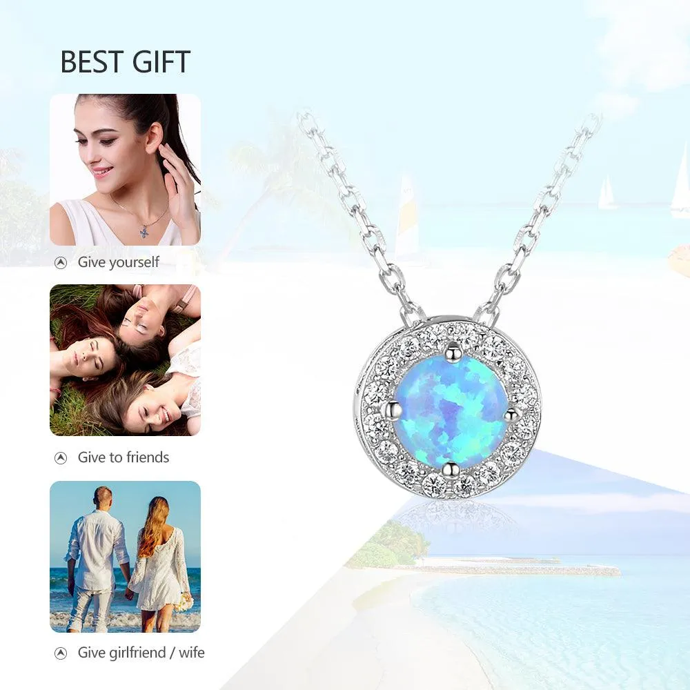 Genuine Sterling Silver Jewelry Necklace for Women with Elegant Round Opal Pendant