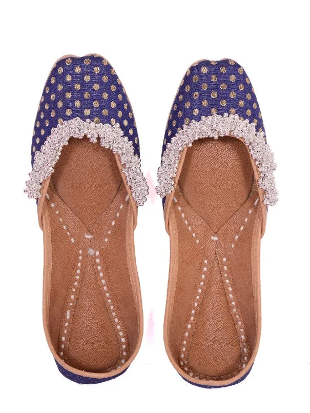 Ghungroo Love - Dark Blue Polka Dot Silk Juttis