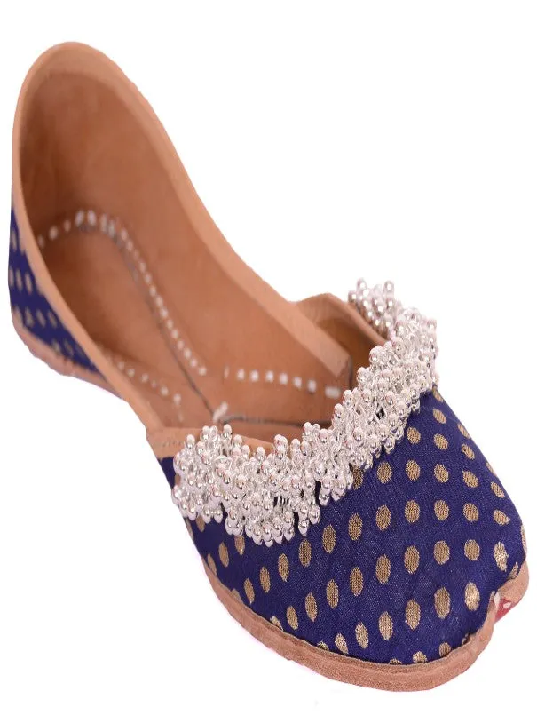 Ghungroo Love - Dark Blue Polka Dot Silk Juttis