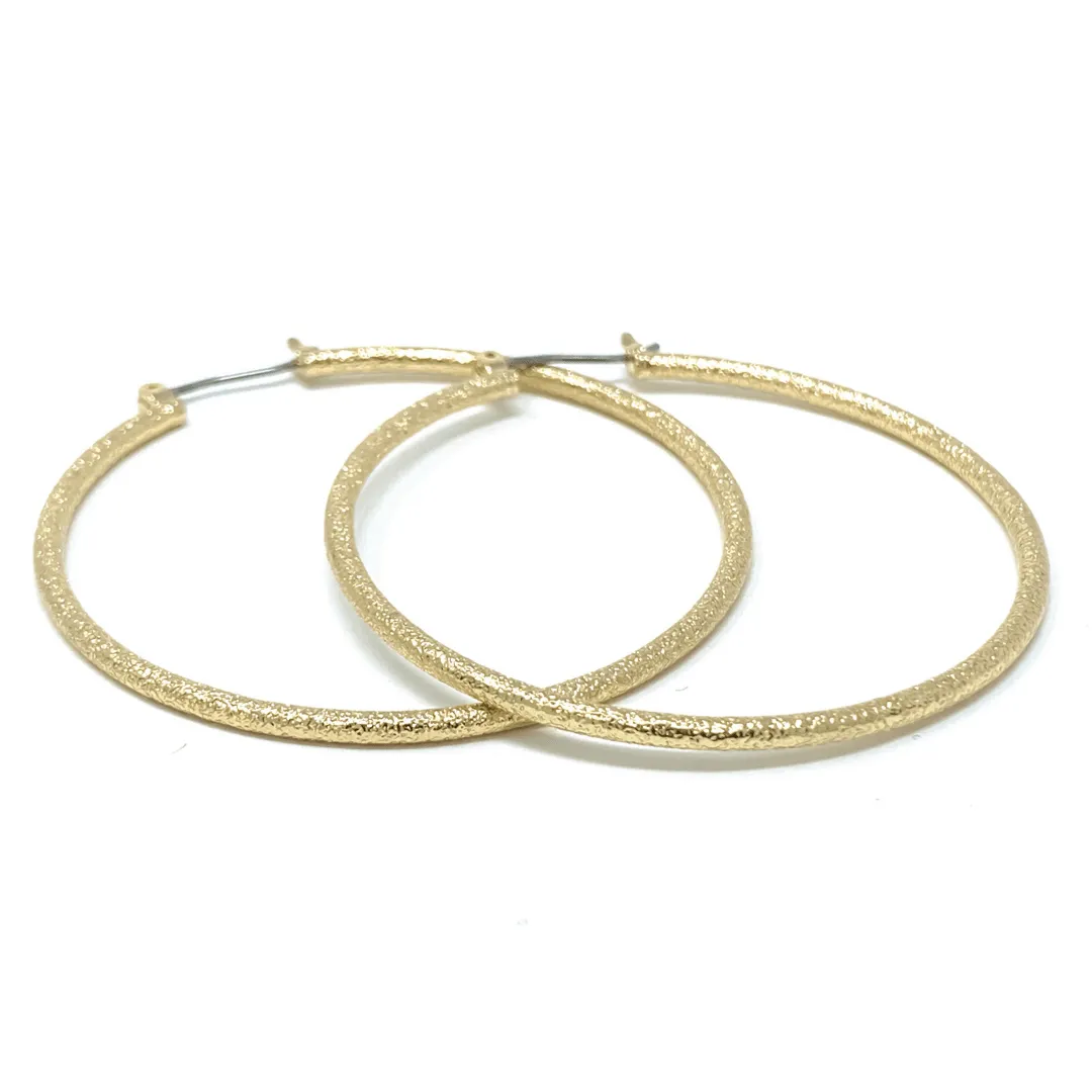 Gold 2 Inch Sand Blast Hoop Earrings