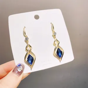 Gold Plated Korean Style Trendy Korean Long Blue Stone Decor Drop Earrings Cubic Zirconia Alloy Earring Set, Drops & Danglers - Pair Of 1