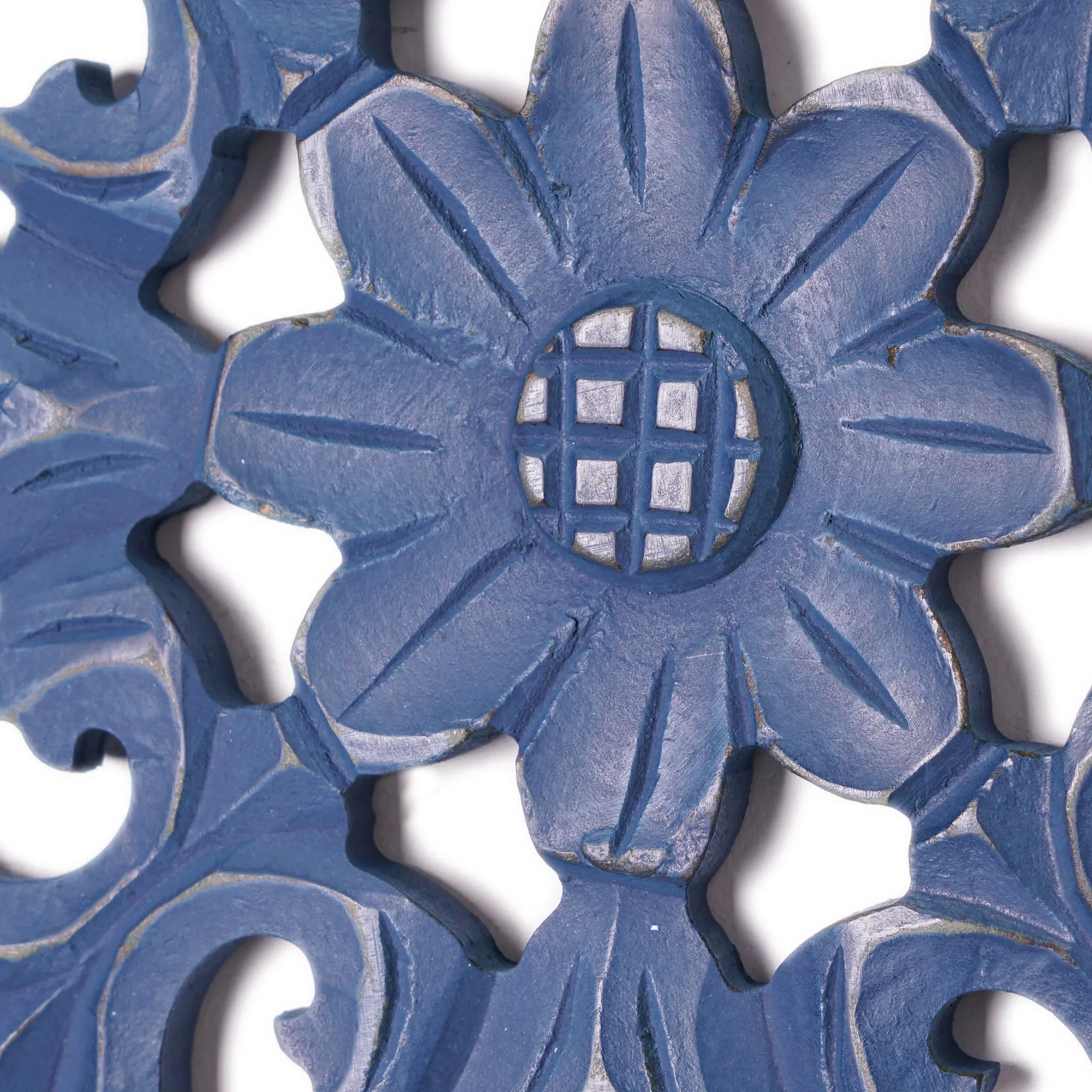 Hand-Carved Latticework Square Wood Wall Medallion - Dark Blue (16")